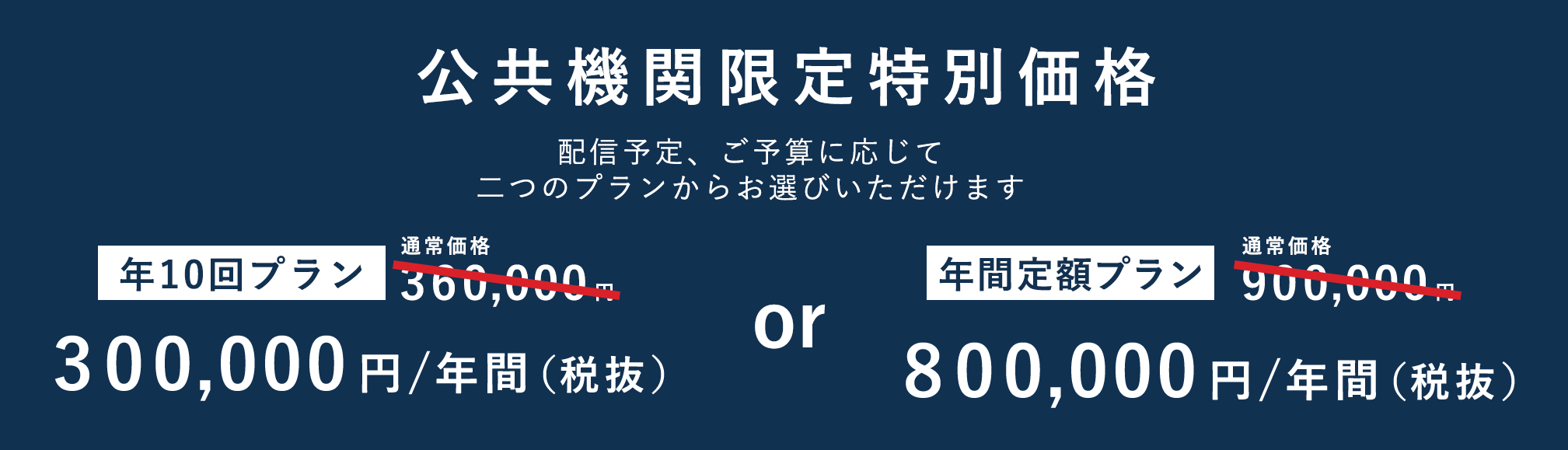 公共機関限定価格！配信予定、プランに応じて二つのプランからお選びできます。年10回プランは通常価格年間36万円から年間30万円（税別）に。年間定額プランは通常価格年間90万円のところ年間80万円（税別）でご利用いただけます。