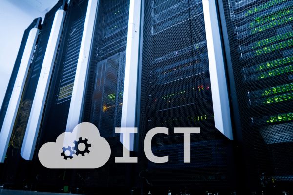 ICTイメージ、ビル、オフィス街、ICTのロゴ