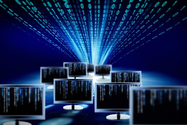 DXイメージ、地球、パソコン、パソコンから数字が飛び出している、Digital Transformation（デジタルトランスフォーメーション）