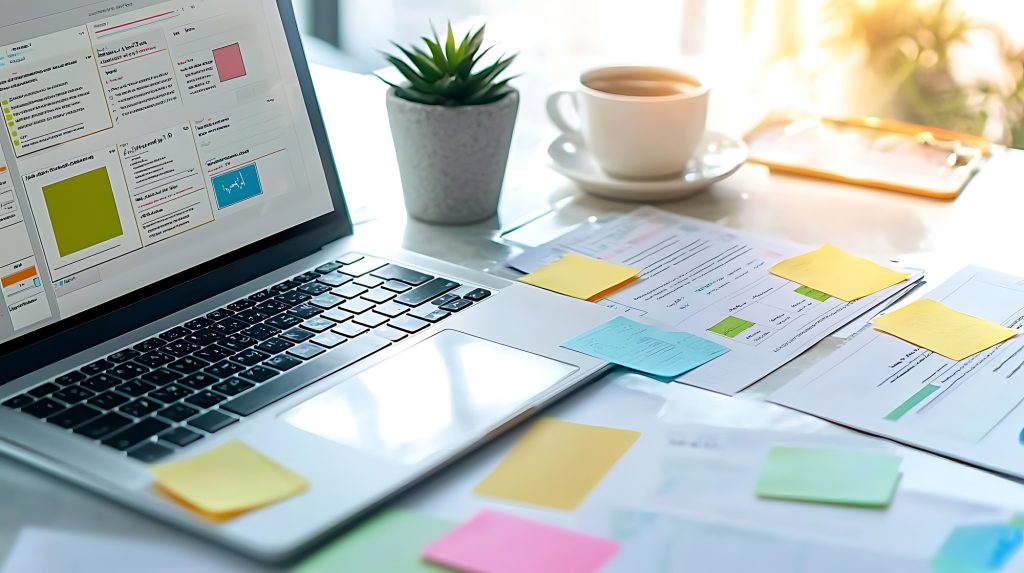 Open laptop on a bright desk with colorful sticky notes, documents, a small potted plant, and a cup of coffee in view.
