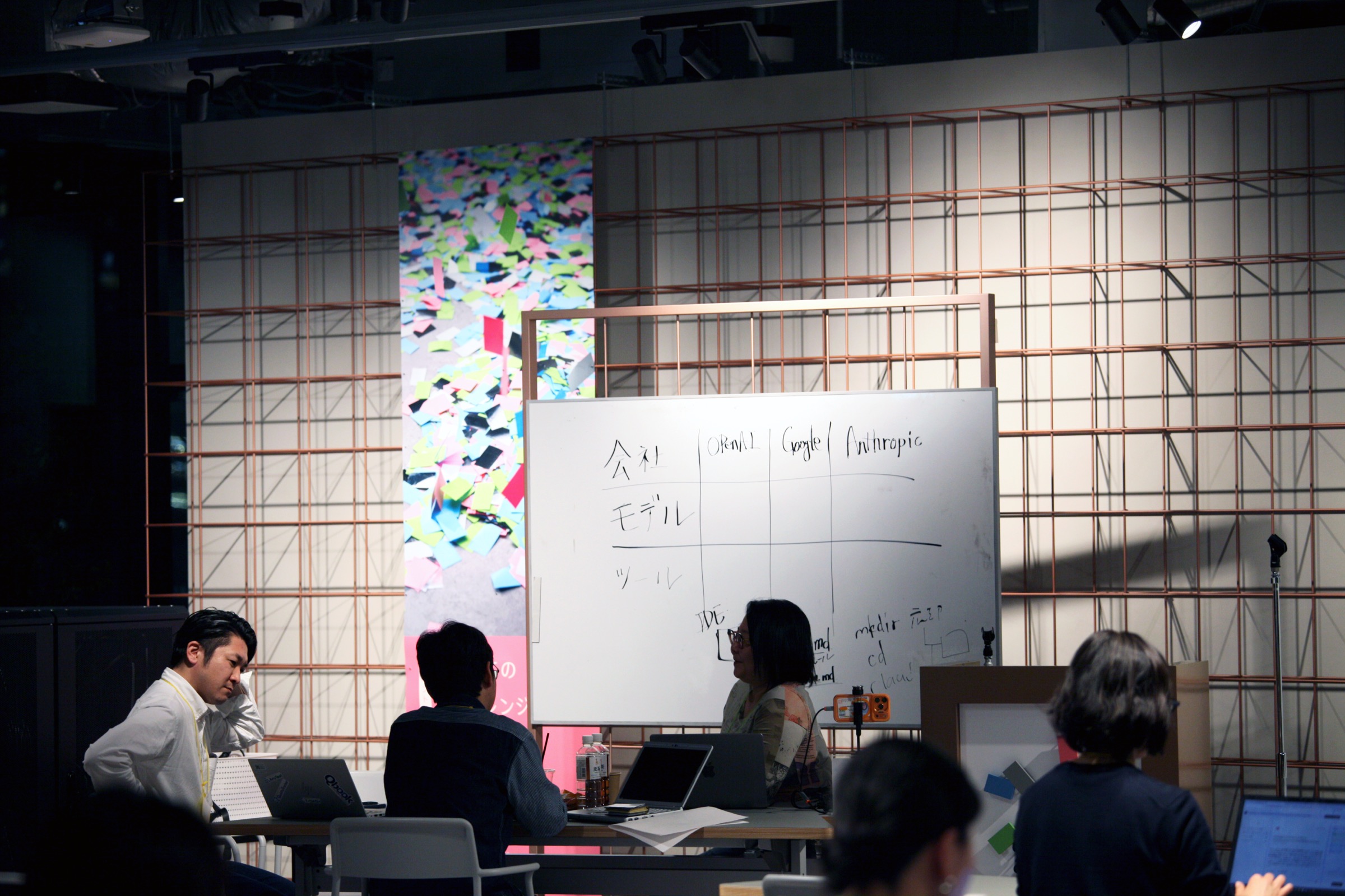Team workshop with a whiteboard full of notes and colorful sticky notes on a surrounding grid backdrop.