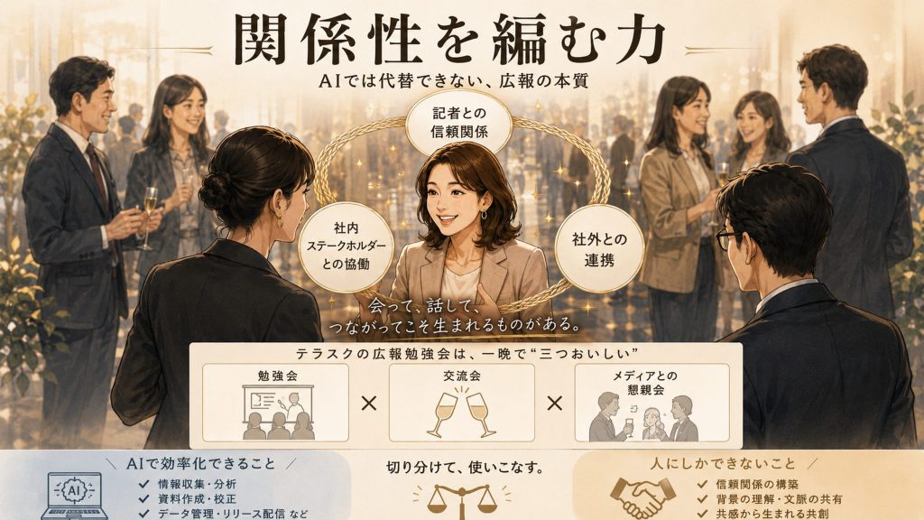 Illustration of businesspeople networking at a reception, smiling and chatting in suits with circled callouts about internal and external collaboration.