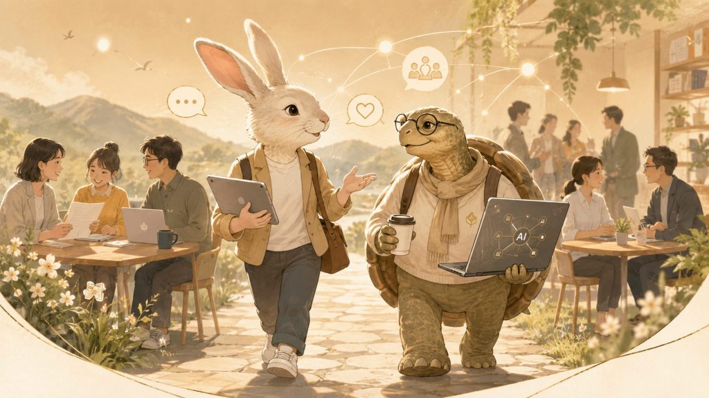 Anthropomorphic rabbit and turtle stroll through a sunny cafe, carrying devices as coworkers chat and work nearby.