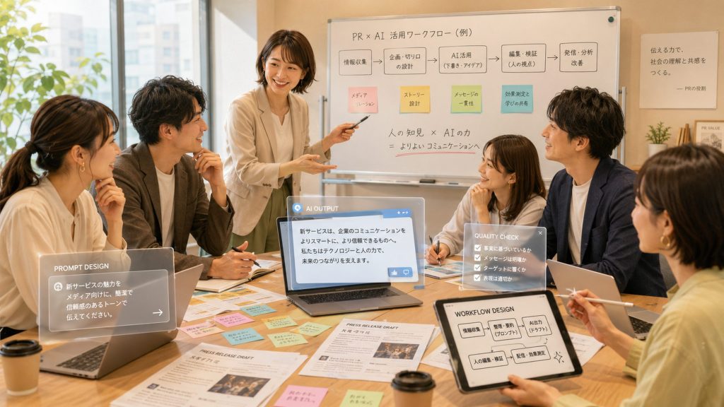 Team of six collaborating around a table, presenting a PR × AI workflow on a whiteboard with sticky notes and laptops nearby.