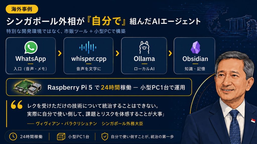 日本語の情報グラフィックで、AIエージェントの作成フローを説明するバナー。WhatsApp 入口→ whisper.cpp（音声を文字に）→ Ollama（ローカルAI）→ Obsidian（知識・記憶）、Raspberry Pi 5で24時間稼働と右端のスーツ姿の人物のイラストが含まれる。