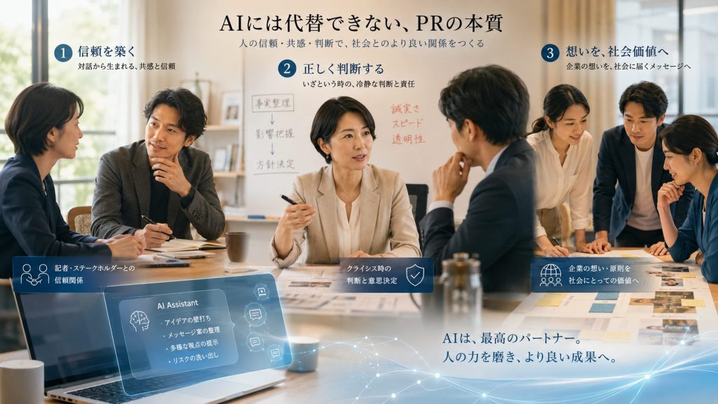 Group of professionals in a meeting discussing AI strategies with holographic UI overlays over the scene.