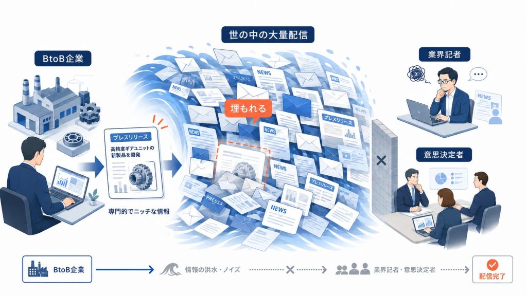 BtoB企業が新製品のプレスリリースを発信し、情報の波が広がる様子。短く要点を伝える情報伝搬イメージ。