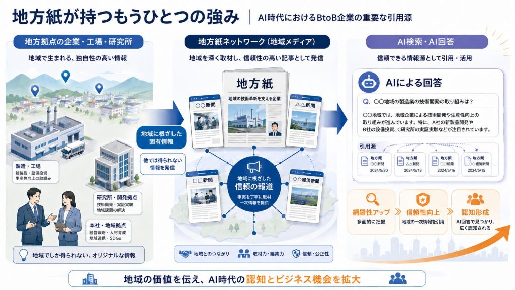 地方紙と地域企業を結ぶ情報連携を解説する3部構成のインフォグラフィック。左は地域拠点、中央は地方紙ネットワーク、右はAIによる回答。