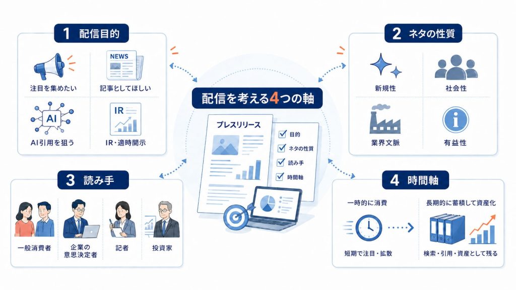 インフォグラフィック: 配信を考える4つの軸を中心に、左上が配信目的、右上がネタの性質、左下が読み手、右下が時間軸を示す図解。 central ノートとグラフ付き。