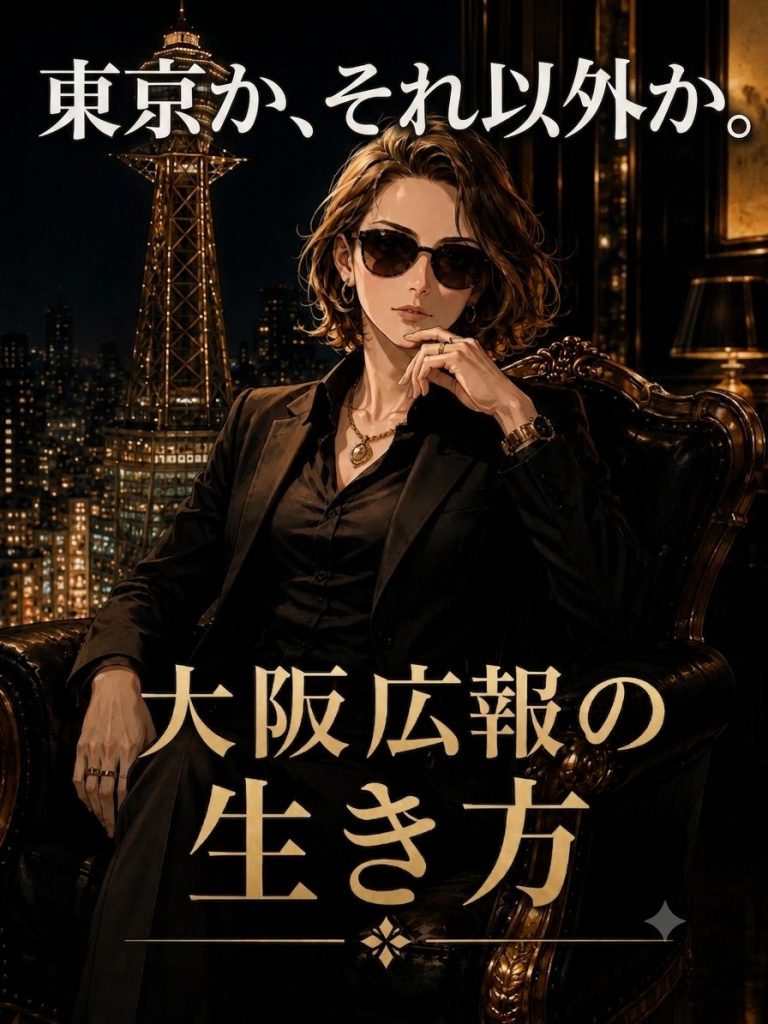 Illustrated woman in a black suit and sunglasses lounging in a luxurious chair against a night cityscape with Tokyo Tower, overlaid with bold Japanese text.