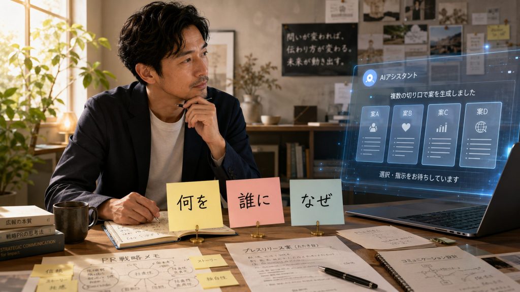 A man sits at a cluttered desk with colorful sticky notes, notebook pages, and a glass of coffee, thinking while a holographic AI assistant interface appears to the right.