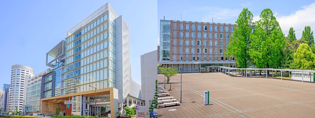 Split-image of a modern glass office building on the left and a brick university building with a large open plaza on the right, under a clear blue sky.