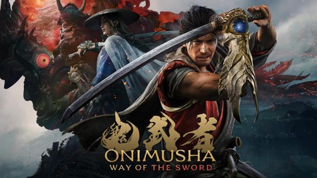 刀を構える宮本武蔵を中心に、複数の登場人物と作品ロゴを配した『鬼武者 Way of the Sword』のキービジュアル