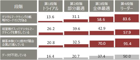 デジタルマーケティング成熟度の段階による違いの例