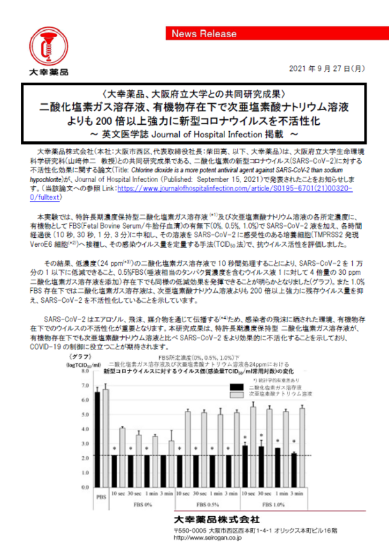 二酸化塩素ガス溶存液 有機物存在下 次亜塩素酸ナトリウム溶液より200倍以上 新型コロナウイルス不活性化 | 大幸薬品のプレスリリース |  共同通信PRワイヤー