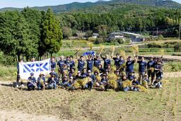 NOK、「水田オーナー制度」に協賛し 熊本事業場社員ら50人が「地下水を育む水田」の稲刈りに参加