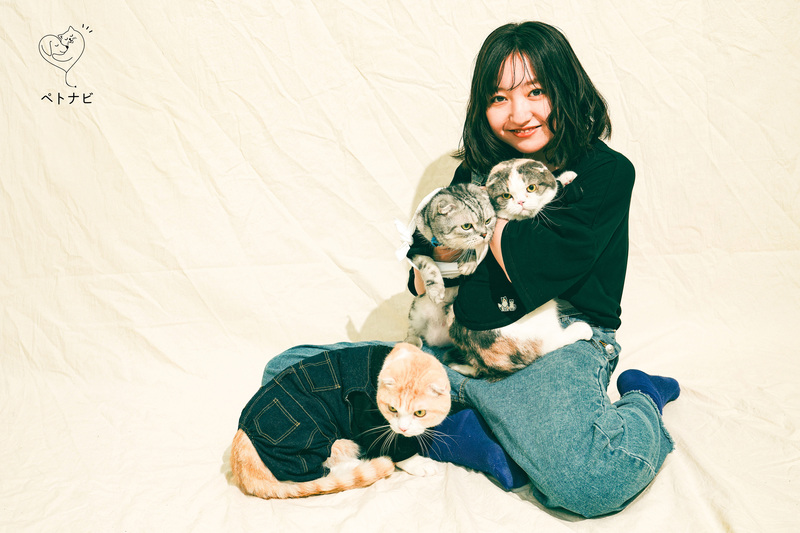 女優 谷花音さんと、愛猫3匹がお揃い衣装で写真撮影に臨み、「素敵な