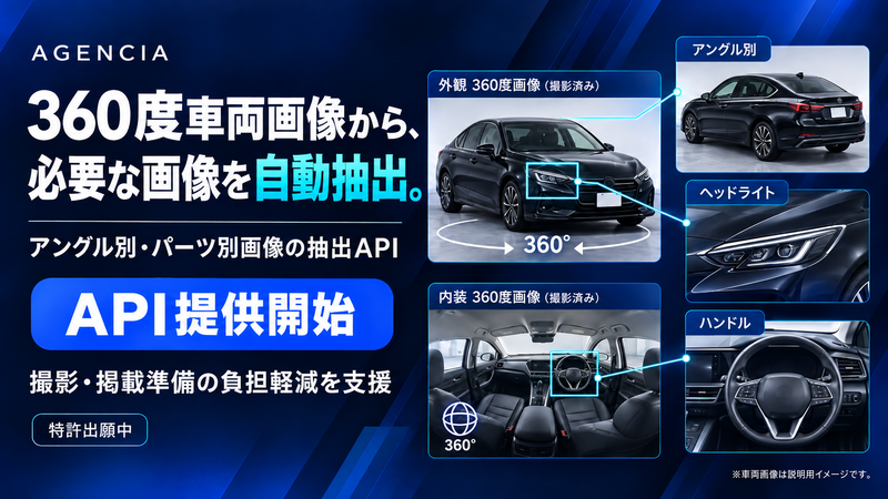 AGENCIA、360度車両画像から「カテゴリー画像を自動抽出するAPI」の提供を開始